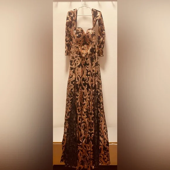 slim fit dress slacks SOFIA FRINGE HIGH SLIT MIDI DRESS IN GOLD – AKIRA main image 1